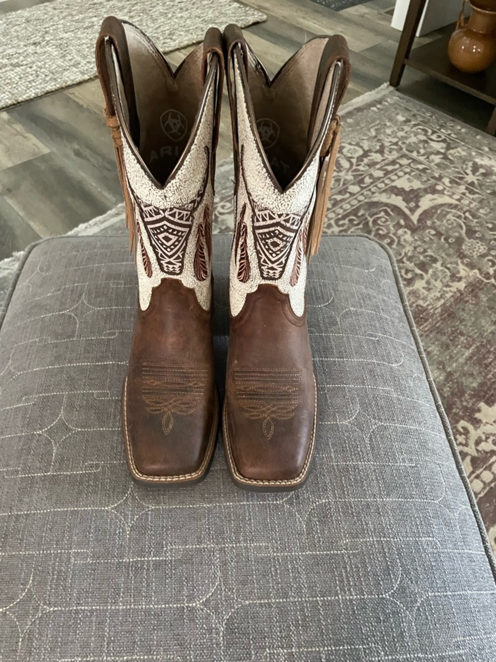 Ariat Brown and Cream Leather Western Boots with Fringe Accents